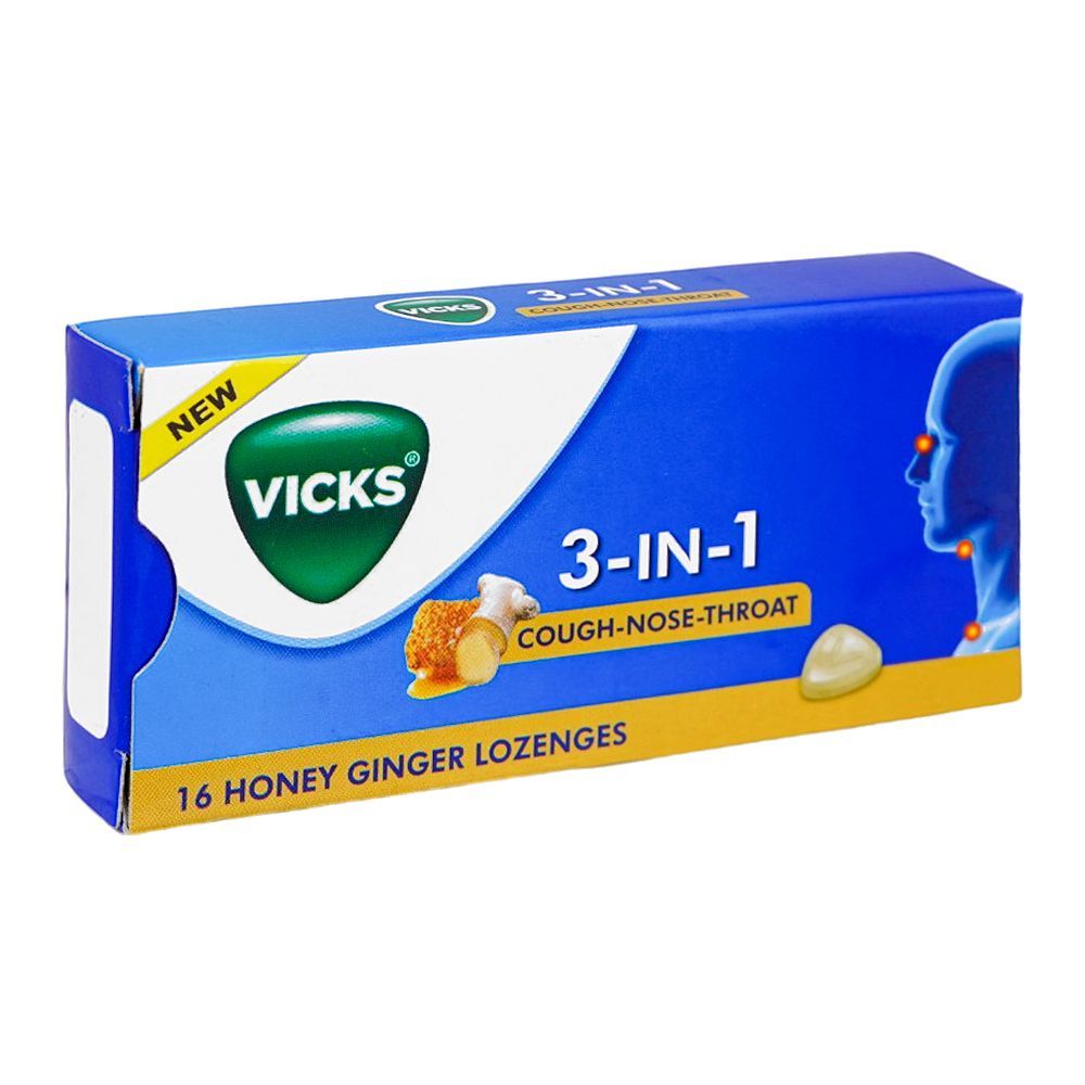 Vicks 3 IN 1 Honey & Ginger Lozenges, 16-Pack