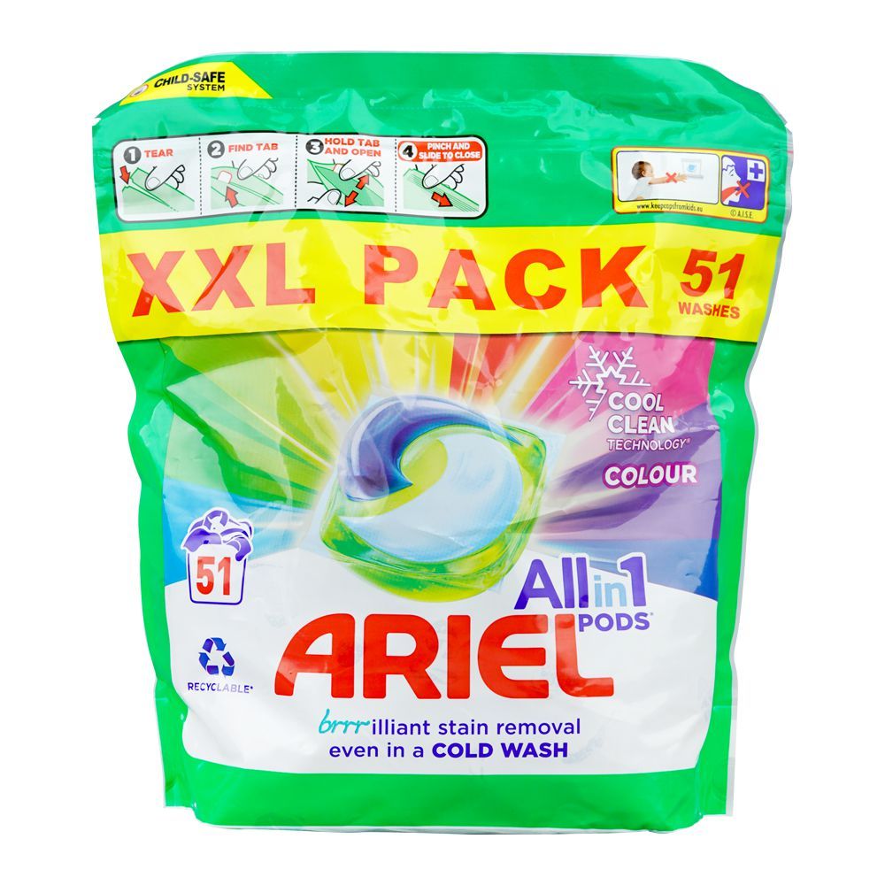 Ariel All In One Laundry Detergent Powder Pods Color Cold Wash, 51-Pack Pouch