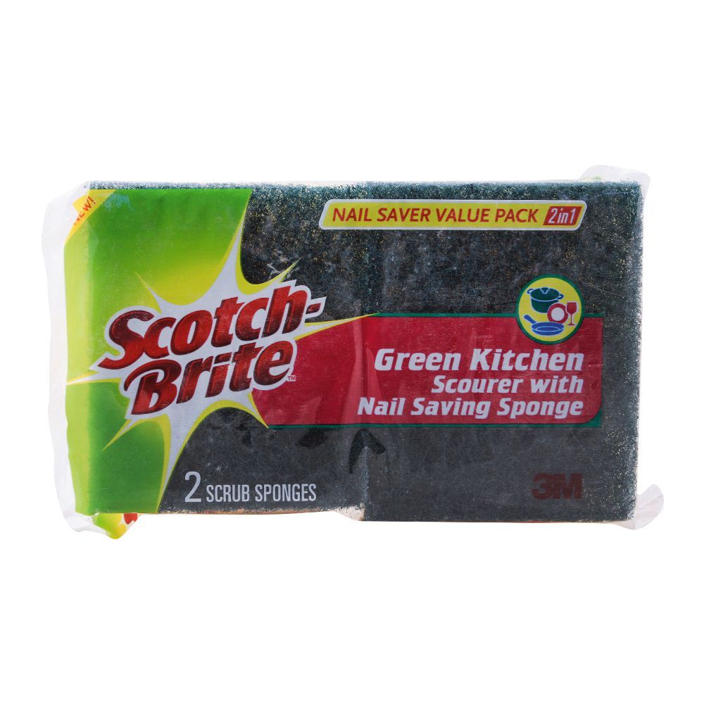 Scotch Brite 2-In-1 Green Kitchen Scourer With Nail Saving Sponge, Value Pack, 2 Pieces