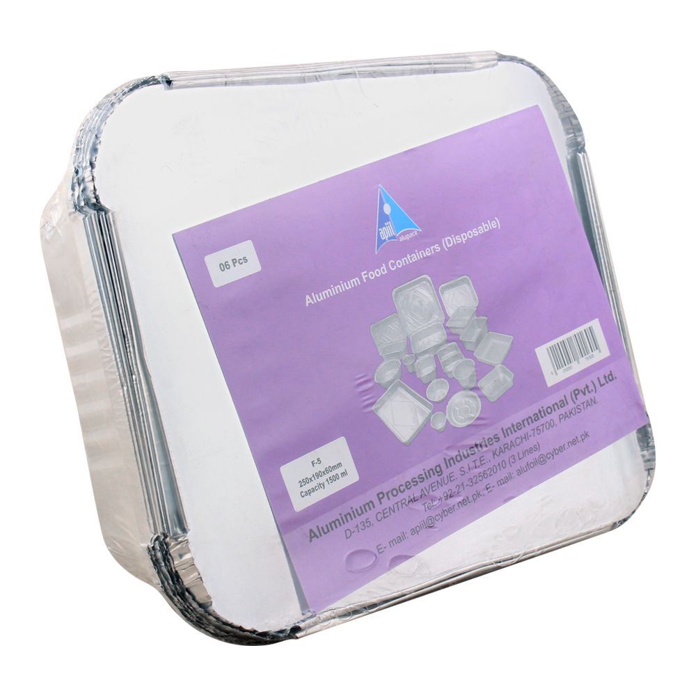 Apiil Aluminium Food Container, 250x190x60mm, 400ml, F-5, 6-Pack