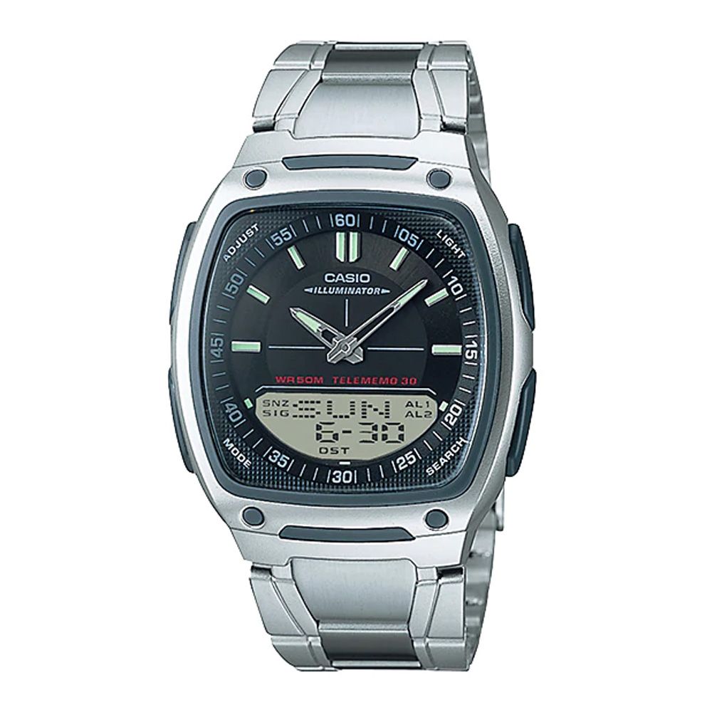Casio Analog-Digital Black Dial Telememo Illuminator Watch, Stainless Steel Band, AW-81D-1AVDF