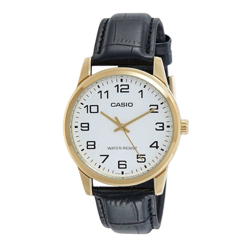 Casio Enticer Men's Golden Body White Dial Watch, Leather Strap, MTP-V001GL-7BUDF