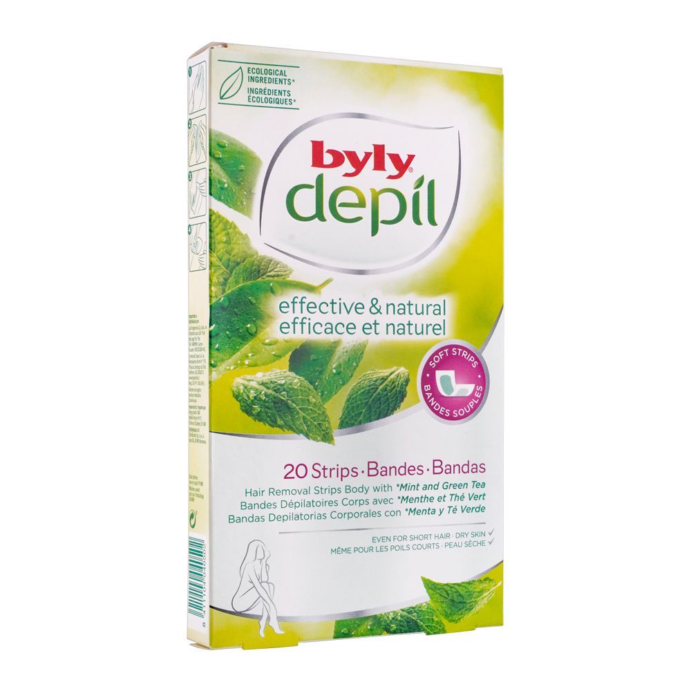Byly Depil Effective & Natural Mint & Green Tea Hair Removal Body Wax Strips, 20-Pack