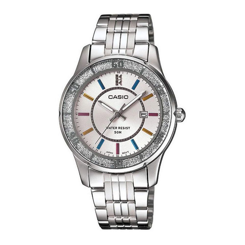 Casio Enticer Women's Lame-Sprinkled Bezel Silver Dial Fashion Watch, Stainless Steel Band, LTP-1358D-7AVDF