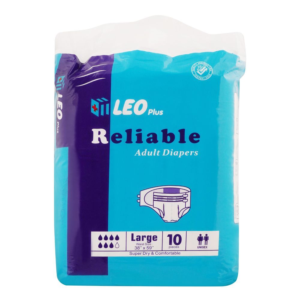 Leo PlusReliable Adult Diapers, Large, 38x59 Inches, 10-Pack