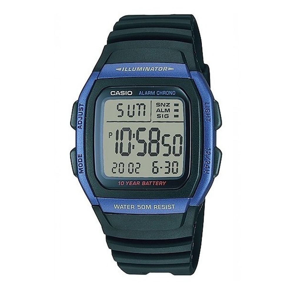 Casio Youth Illuminator Black/Blue Digital Alarm Chronograph Men's Watch, Resin Strap, W-96H-2AVDF