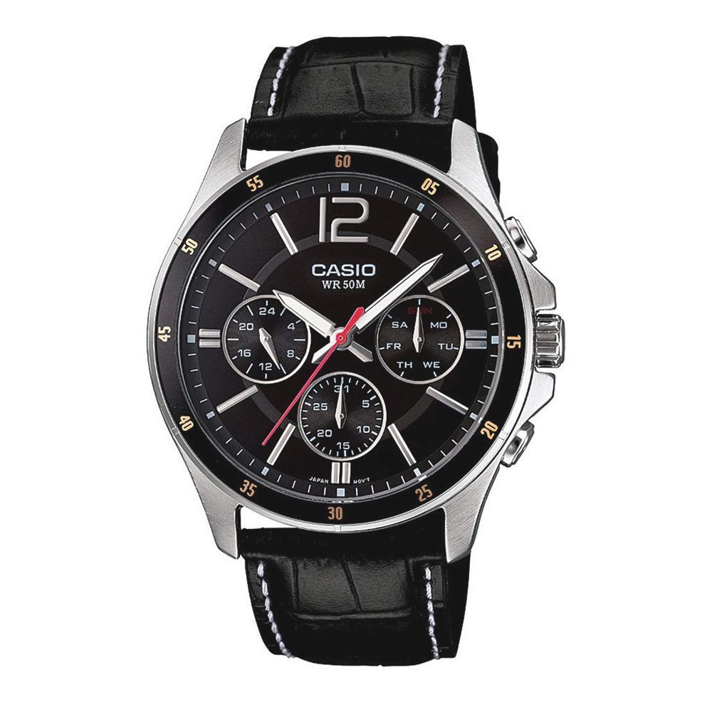 Casio Enticer Chronograph Black Dial Men's Watch, Leather Strap, MTP-1374L-1AVDF