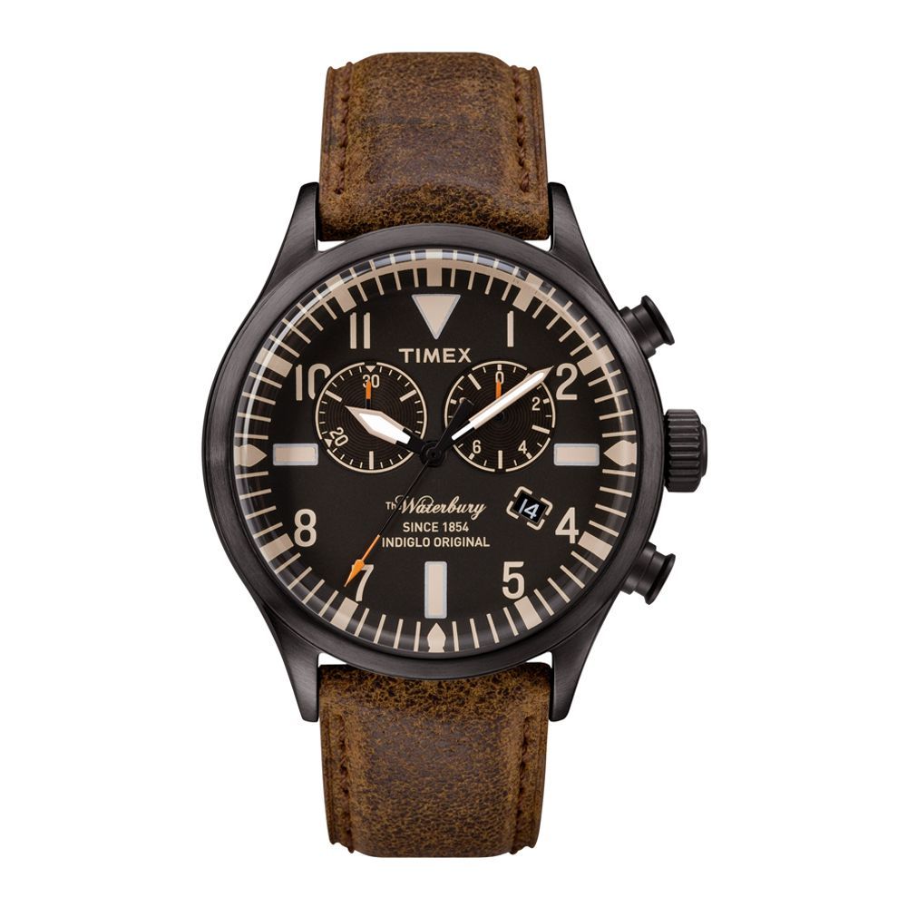 Timex Men's Originals Waterbury Chronograph, Black Dial, Brown Leather - TW2P64800