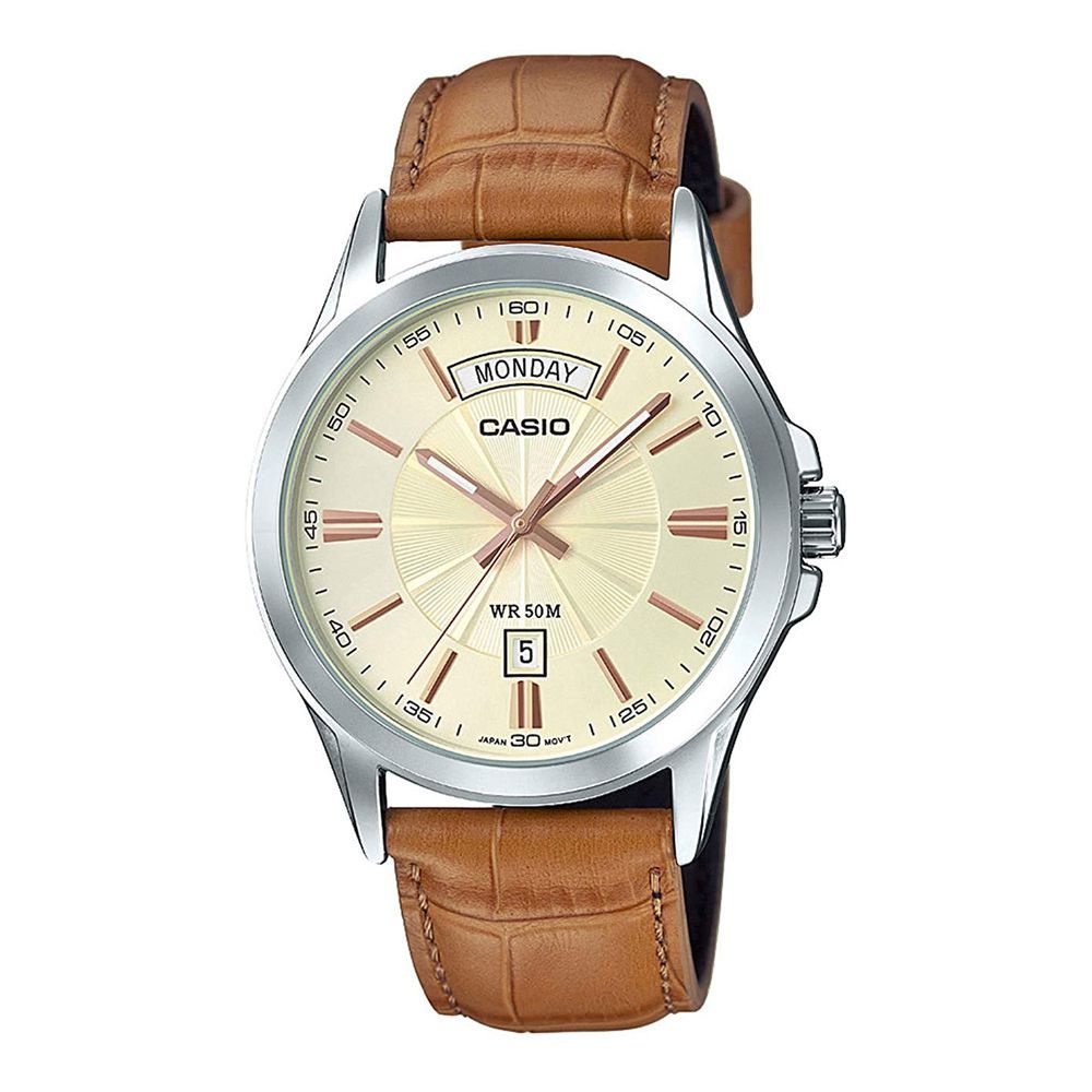 Casio Enticer Men's Analog Gold Dial Watch, Leather Band, MTP-1381L-9AVDF