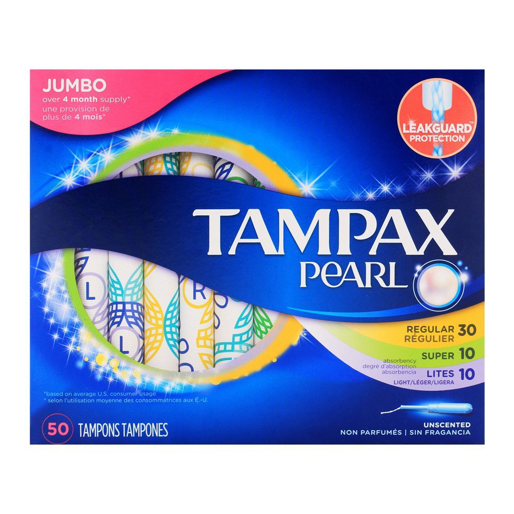 Tampax Pearl Unscented Regular, Super, Lites Tampons Multipack 50-Pack