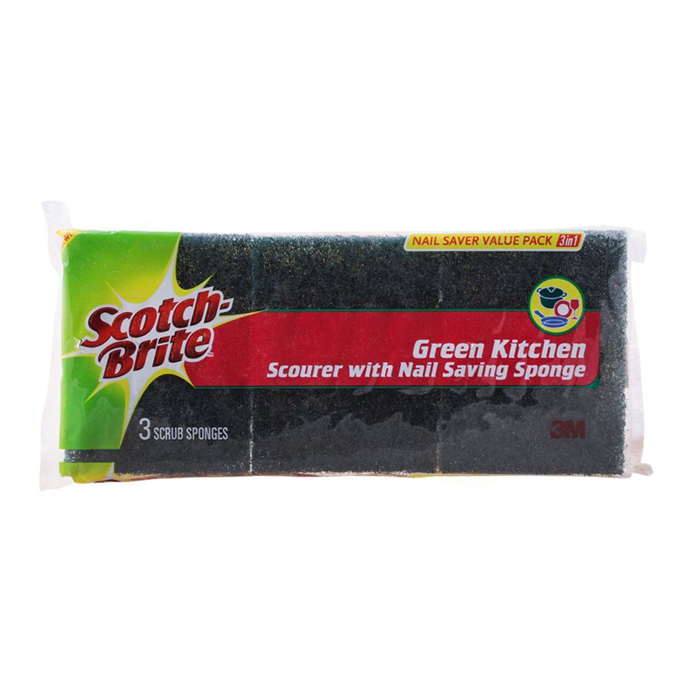 Scotch Brite 3-In-1 Green Kitchen Scourer With Nail Saving Sponge, Value Pack, 3 Pieces