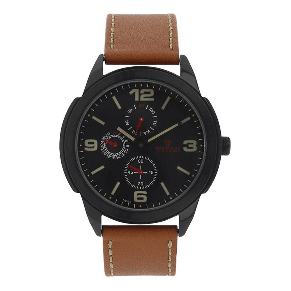 Titan Black Round Dial Leather Strap Multifunction Men's Watch, 1585NL01