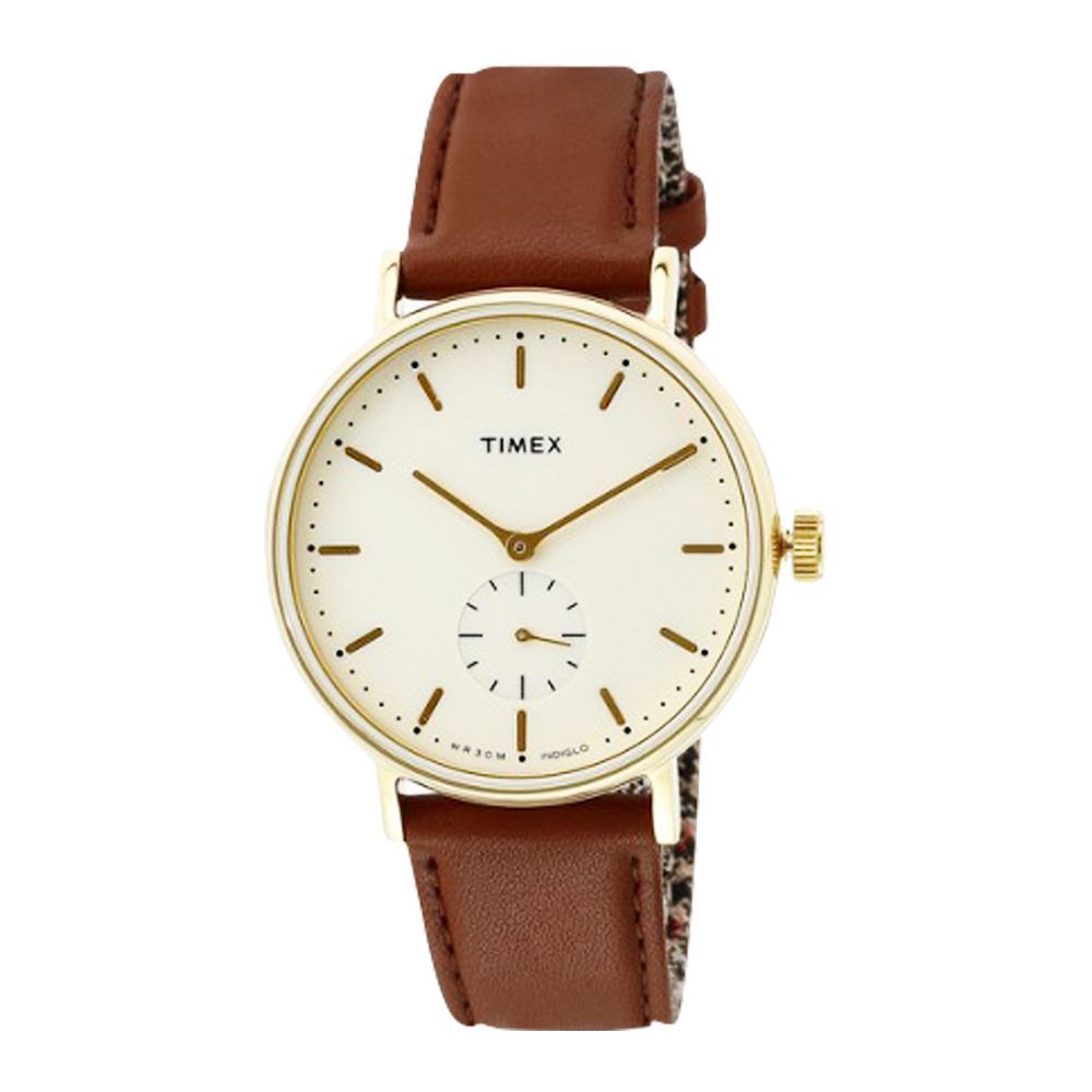Timex Men's Fairfield Sub-Second Gold Case Cream Dial Brown Strap Watch - TW2R37900 