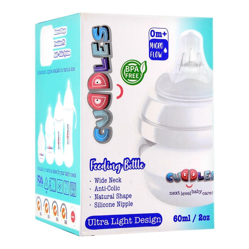 Cuddles Anti-Colic Ultra Light Design Wide Neck Feeding Bottle, 0m+, Micro Flow, 60ml