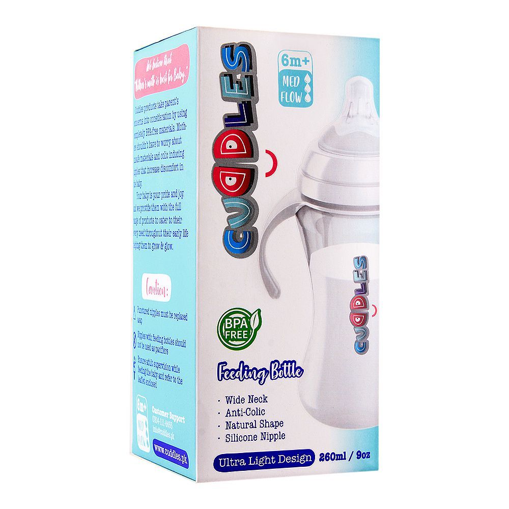 Cuddles Anti-Colic Ultra Light Design Wide Neck Feeding Bottle, 6m+, Medium Flow, 260ml