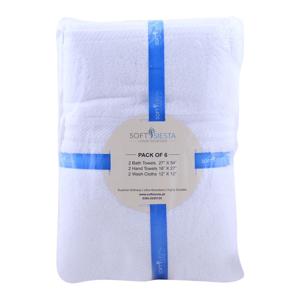 Soft Siesta Bath + Hand + Wash Towels, Pack Of 6, White