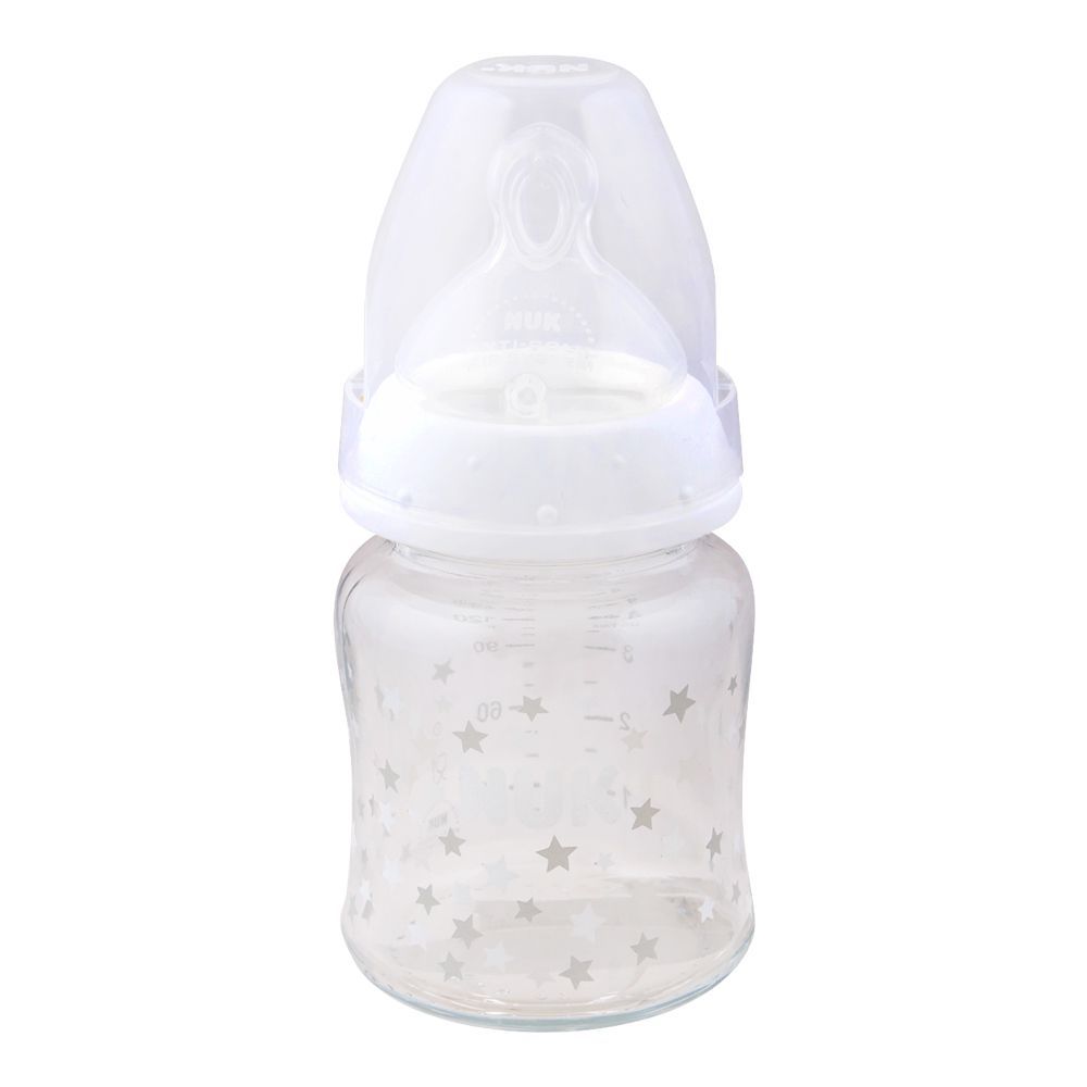 Nuk First Choice+ Silicone Glass Feeding Bottle, White/Stars, M, 0-6m, 120ml, 10747092