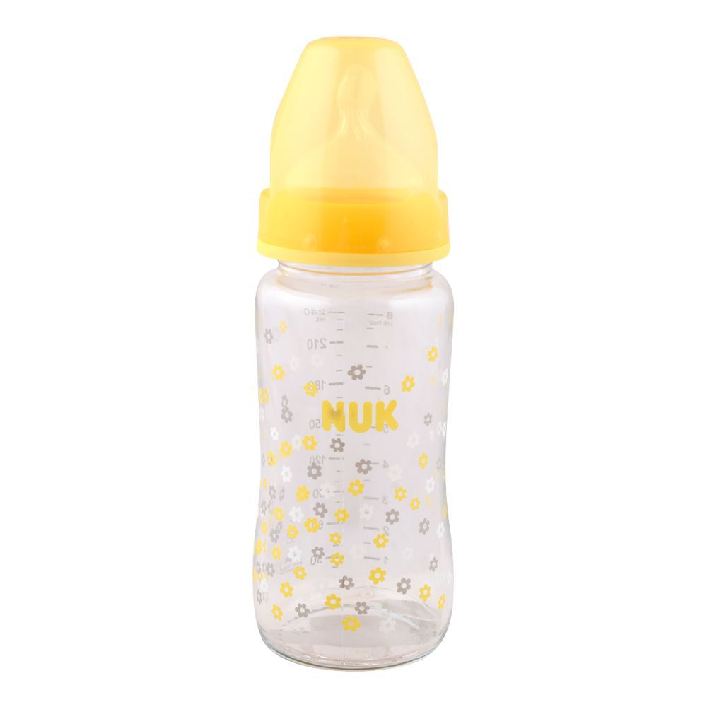 Nuk First Choice+ Silicone Glass Feeding Bottle, M, Yellow, 0-6m, 240ml, 10745097