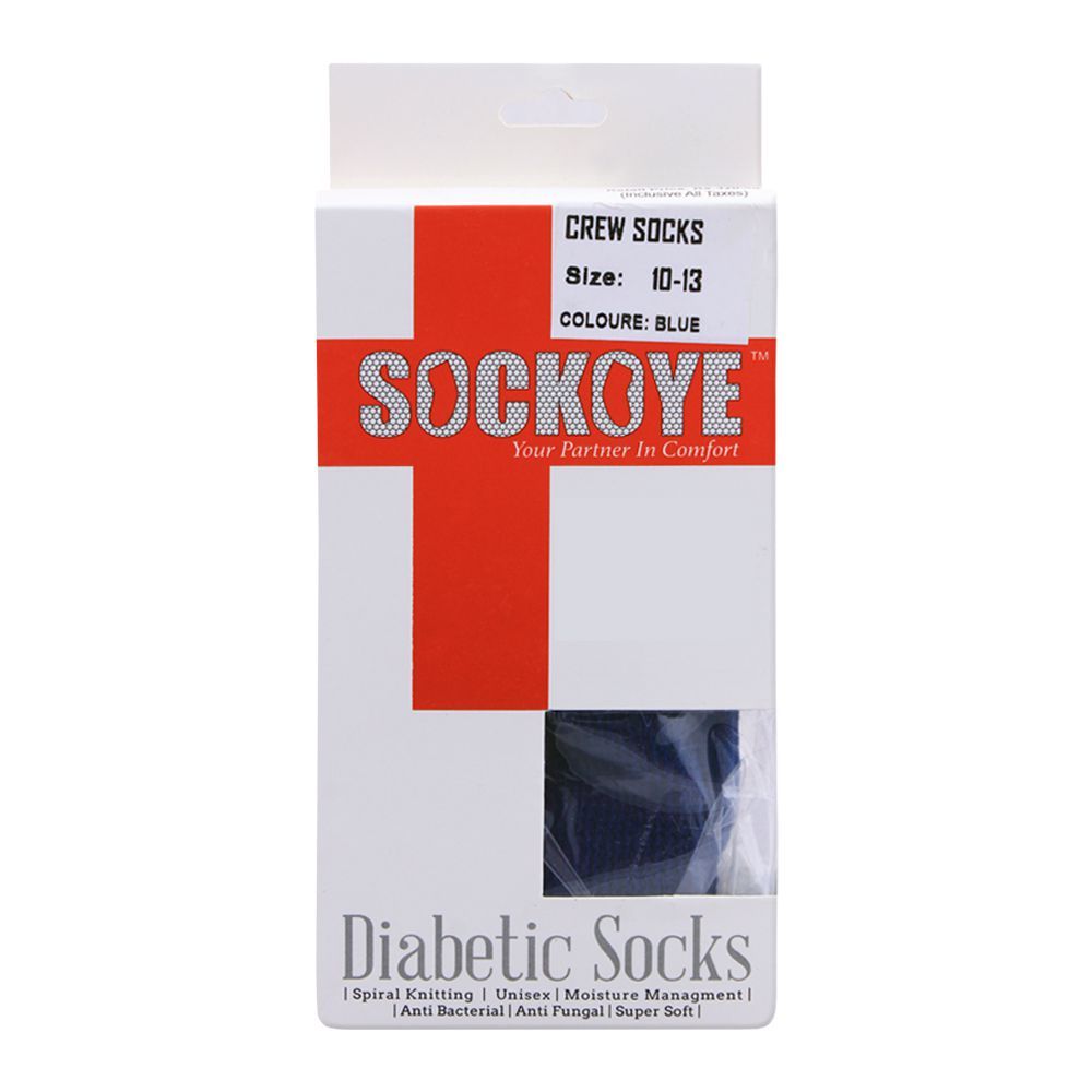 Sockoye Diabetic Crew Socks, 10-13, Blue