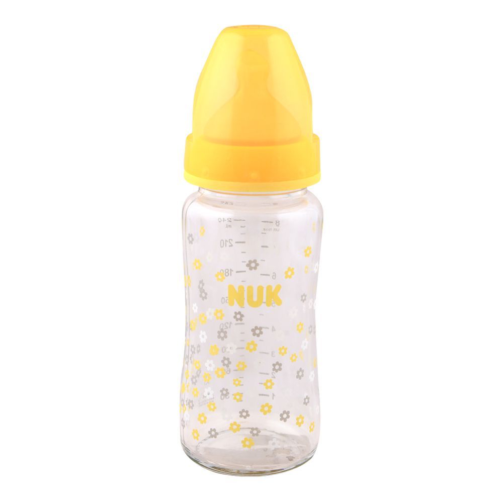Nuk First Choice+ Latex Glass Feeding Bottle, M, Yellow, 0-6m, 240ml, 10745098