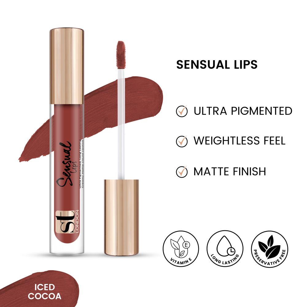 ST London Sensual Lips Creamy Matte Liquid Lipstick, Ultra Pigmented, Long Lasting, Iced Cocoa, 3.5ml