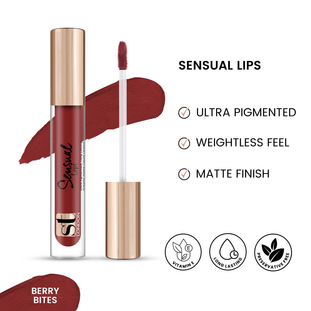 ST London Sensual Lips Creamy Matte Liquid Lipstick, Ultra Pigmented, Long Lasting, Berry Bites, 3.5ml