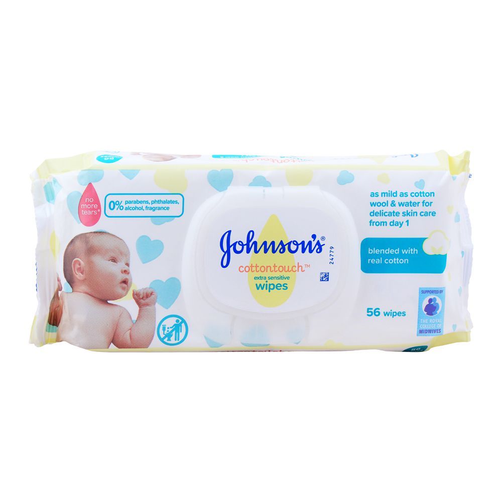 Johnson's Cotton Touch Extra Sensitive Baby Wipes, No Paraben, Alcohol, Fragrance, 56-Pack