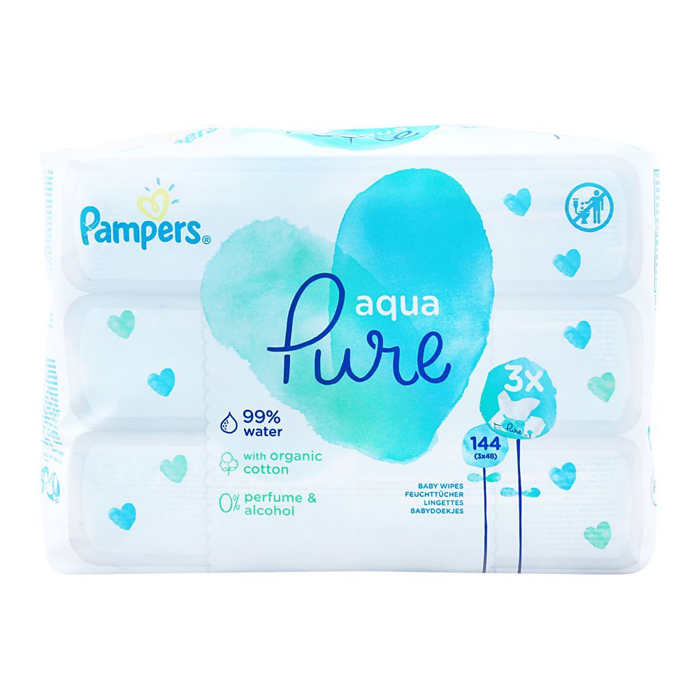 Pampers Aqua Pure Organic Cotton Baby Wipes, Economy Pack, Perfume & Alcohol Free, 3x48 Pieces