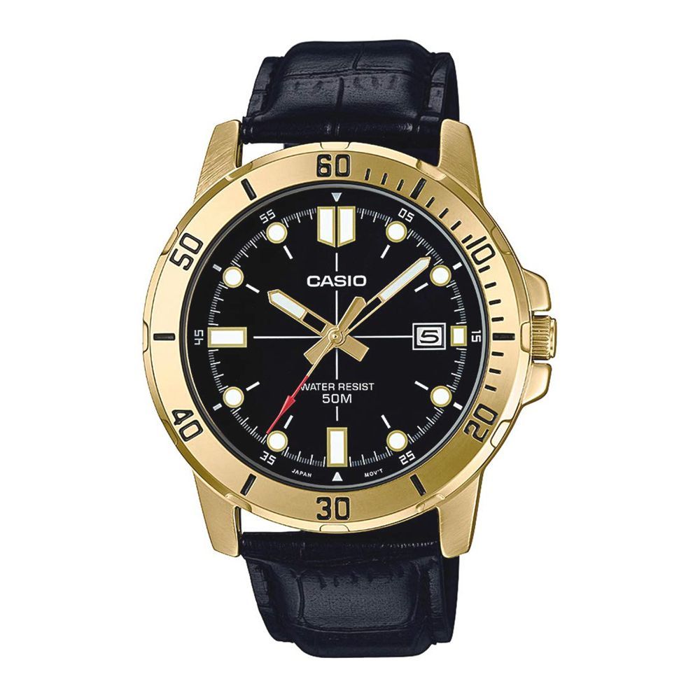 Casio Men's Enticer Analog Gold Tone Black Dial Casual Watch, Leather Strap, MTP-VD01GL-1EVUDF