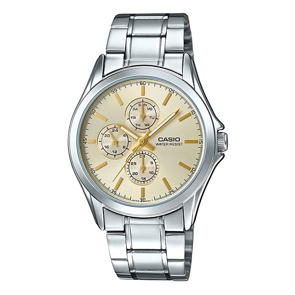 Casio Men's Analog Multi Hands Stainless Steel Gold Dial Watch, MTP-V302D-9AUDF