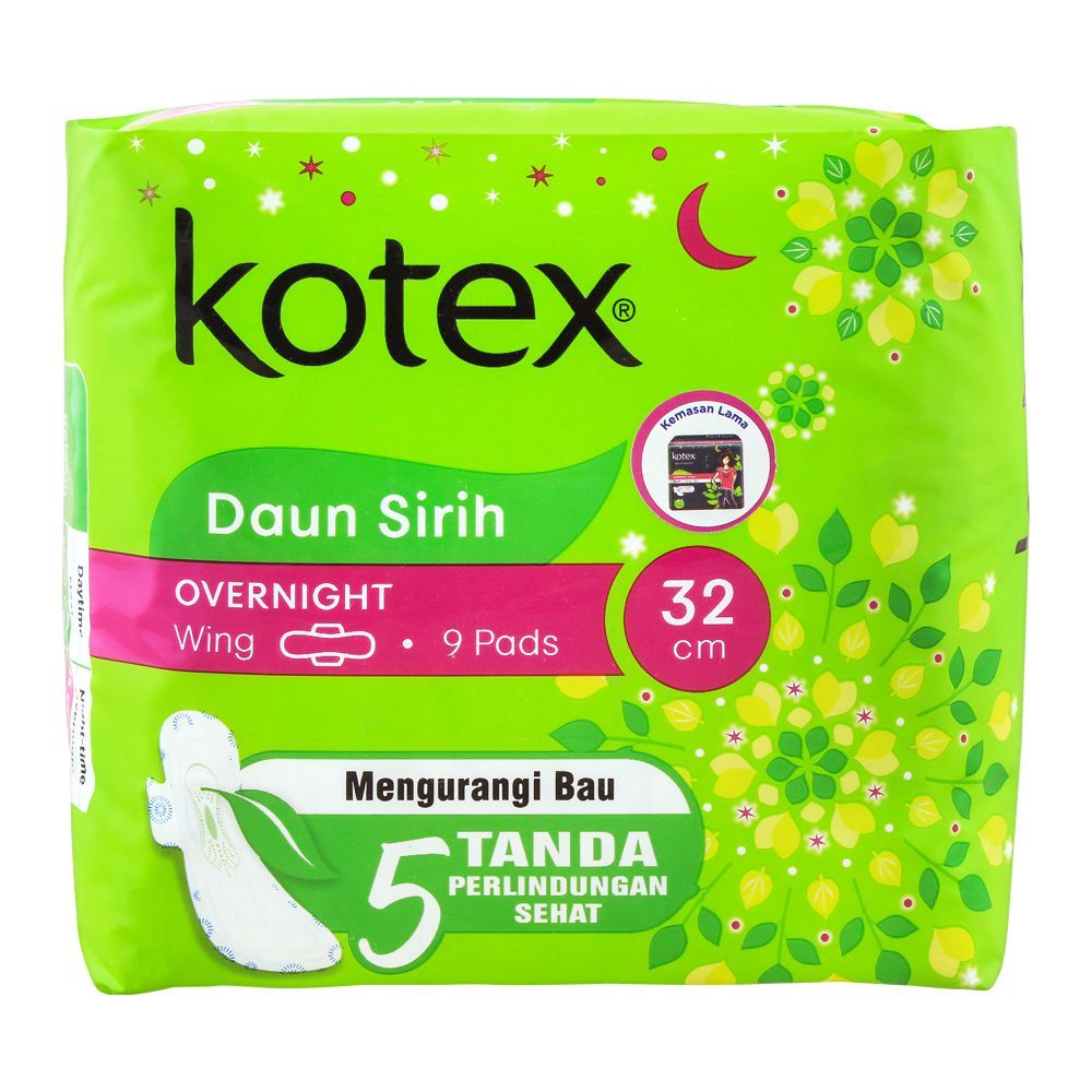 Kotex Overnight Wing Pads, Daun Sirih, 32cm, 9-Pack
