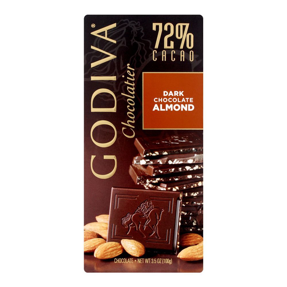 Godiva Dark Almond Chocolate Bar, 72% Cacao, 100g