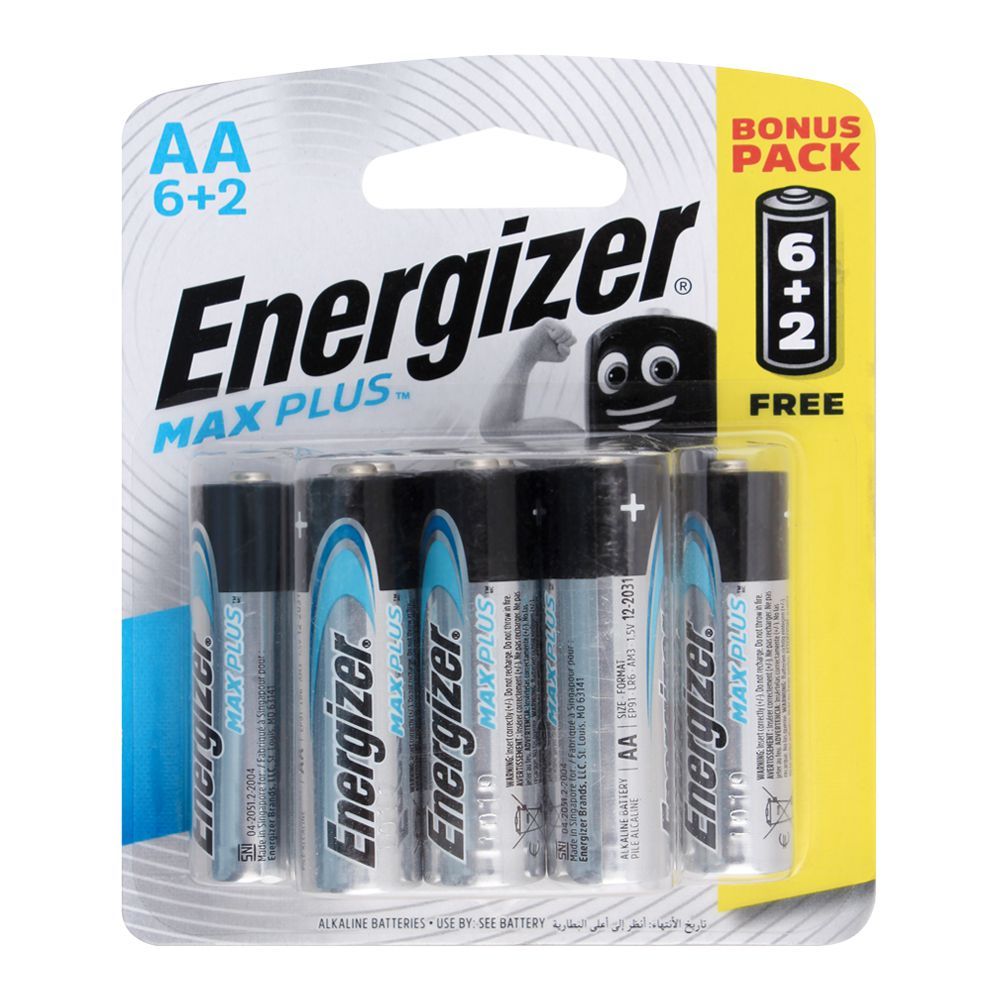 Energizer Max Plus AA Batteries, 6+2 Pack, BP-6+2