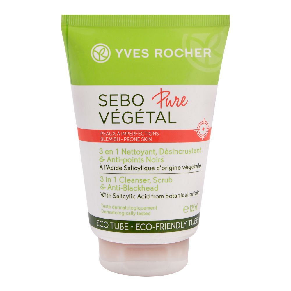 Yves Rocher Sebo Pure 3-In-1 Cleanser, Scrub & Anti-Blackhead, 125ml