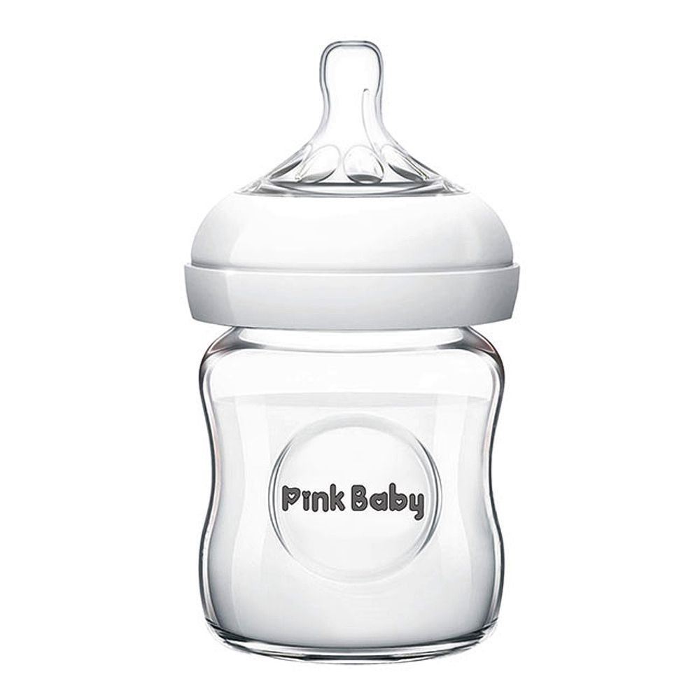 Pink Baby Ultra Wide Neck Glass Feeding Bottle, White, 0m+, Slow Flow, 120ml, WN-121