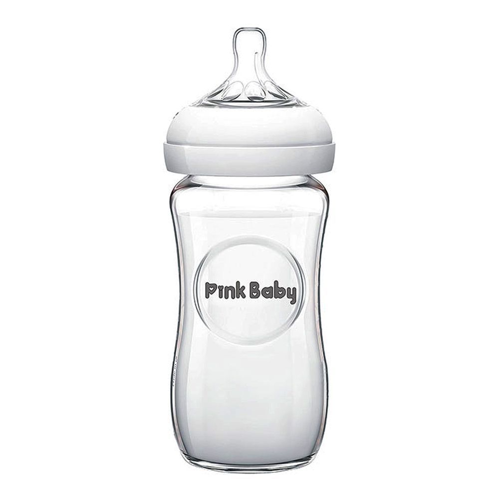 Pink Baby Ultra Wide Neck Glass Feeding Bottle, White, 3m+, Medium Flow, 240ml, WN-122