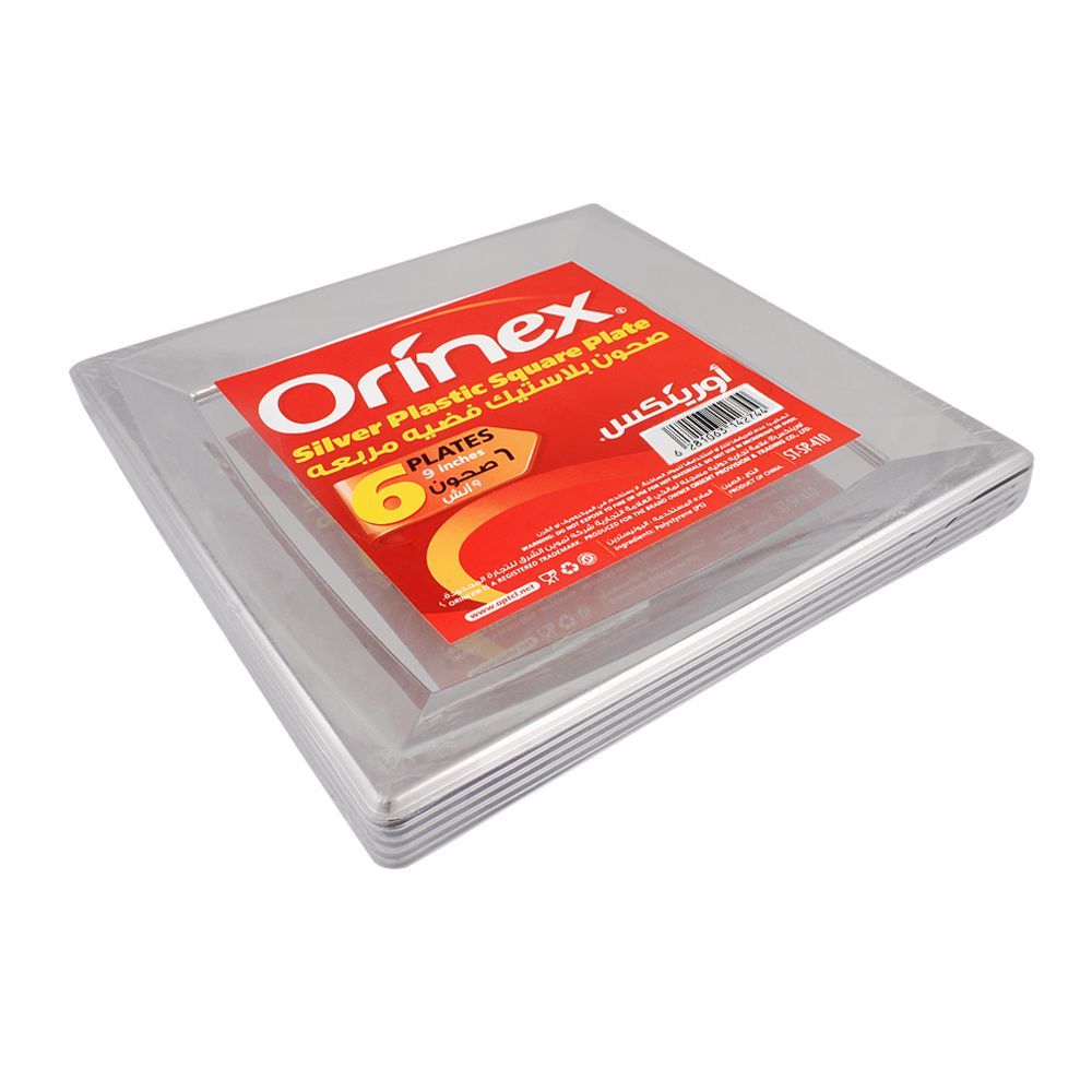 Orinex Silver Plastic Square Plate, 9 Inches, 6-Pack