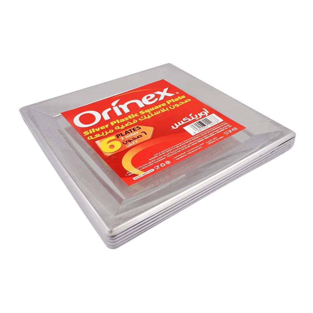 Orinex Silver Plastic Square Plate, 7 Inches, 6-Pack