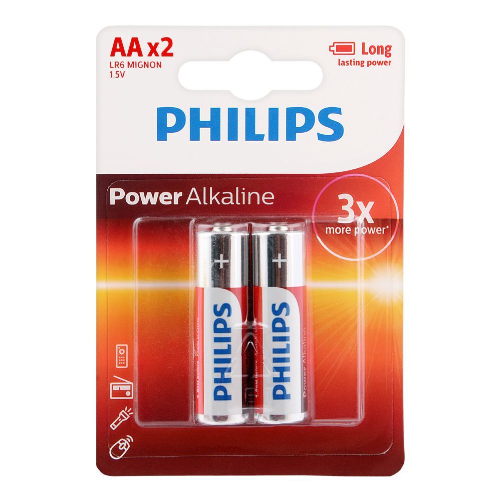 Philips Power Alkaline AA Batteries, 2-Pack, LR6P2B/97