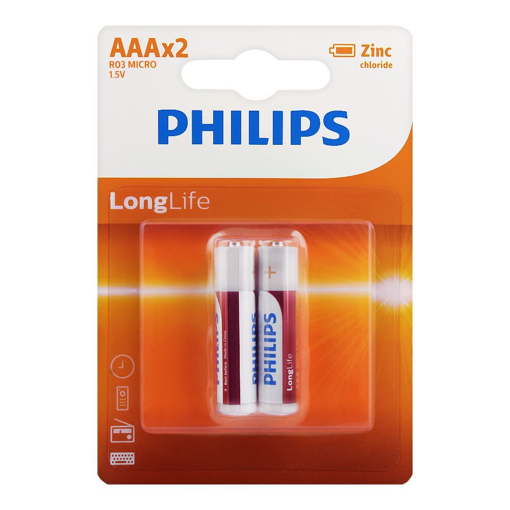 Philips Zinc Chloride Long Life AAA Batteries, 2-Pack, R03L2B/97