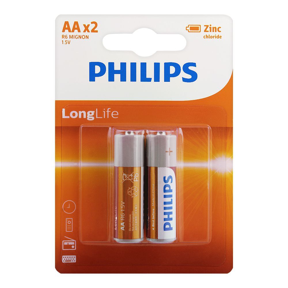 Philips Zinc Chloride Long Life AA Batteries, 2-Pack, R6L2B/97