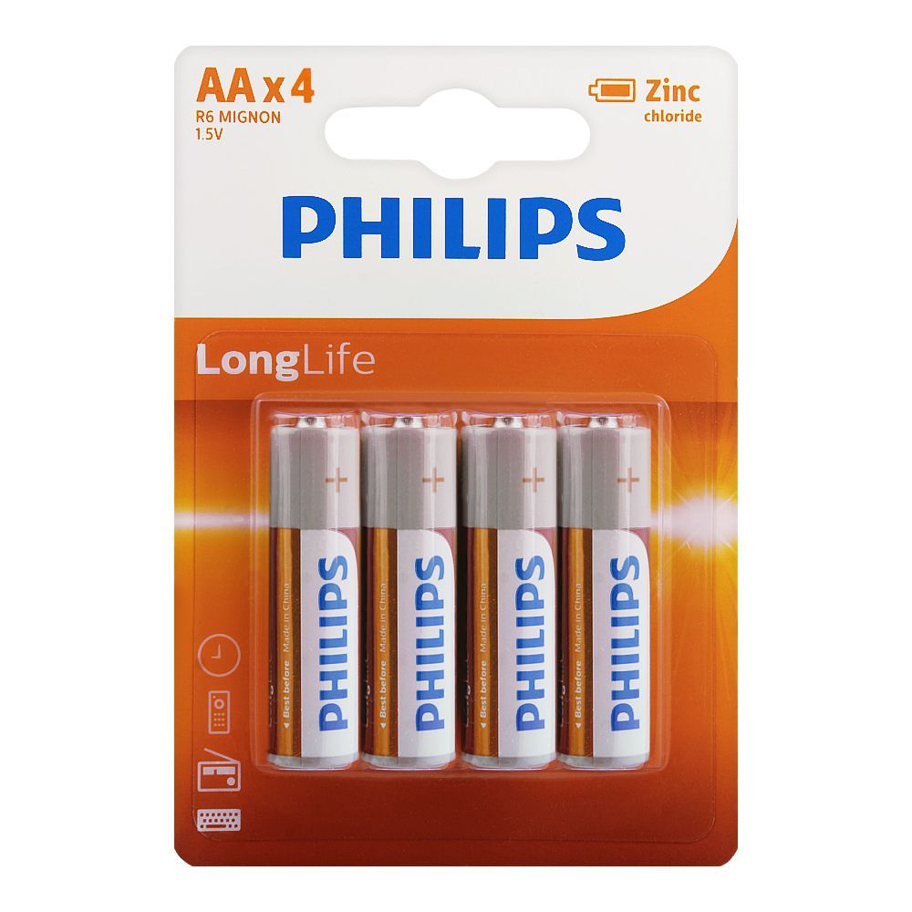 Philips Zinc Chloride Long Life AA Batteries, 4-Pack, R6L4B/97