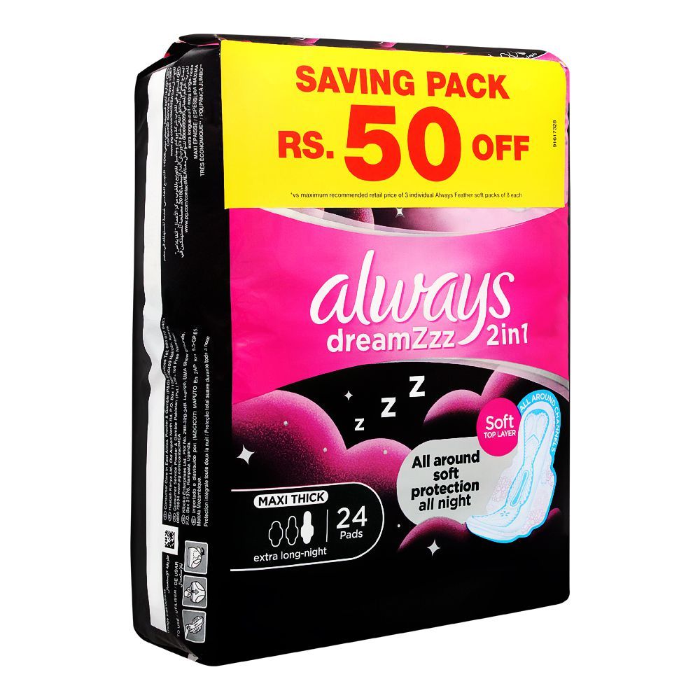 Always Dreamz 2-In-1 Maxi Thick Pads, Extra Long Night 24 Pads
