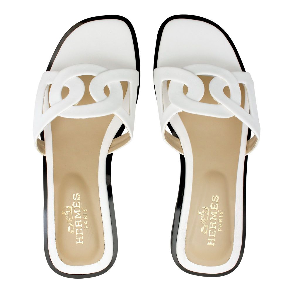 Hermes Style Women's Slippers, White