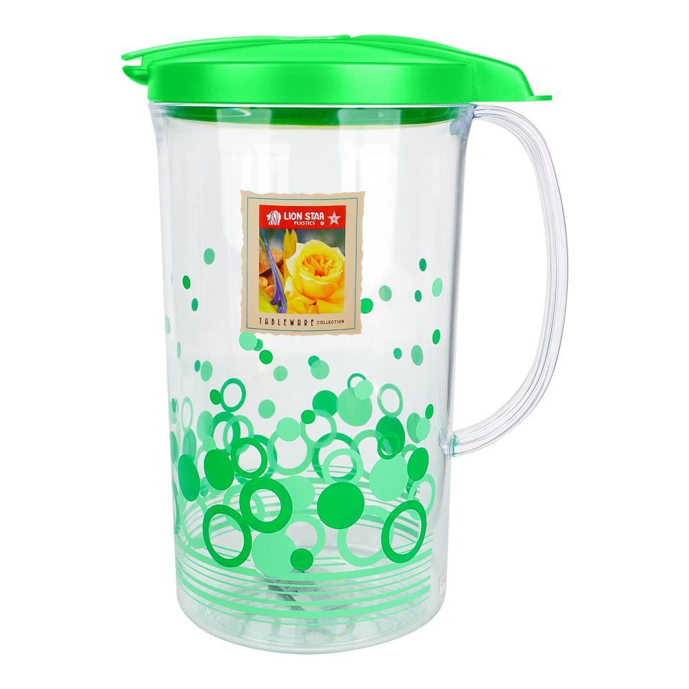 Lion Star Fiorita Plastic Water Jug With Lid & Handle, 2 Liter, Green, K-20