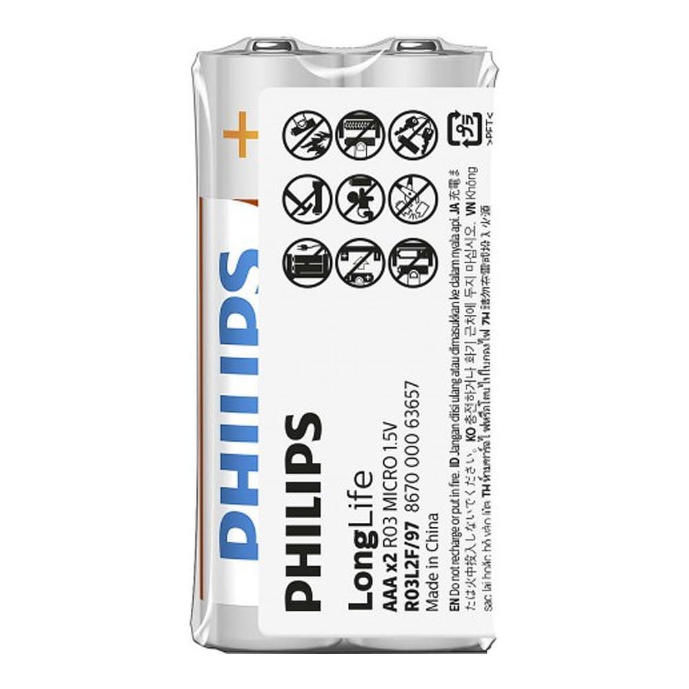 Philips Long Life AAA Batteries, 2-Pack, R03L2F/97