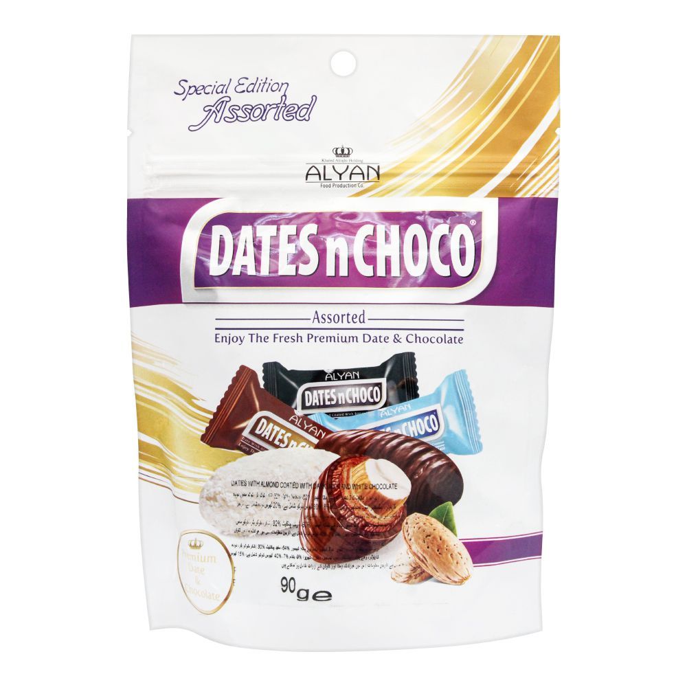 Alyan Dates n Choco Assorted Chocolate Coated Dates, Pouch, 90g