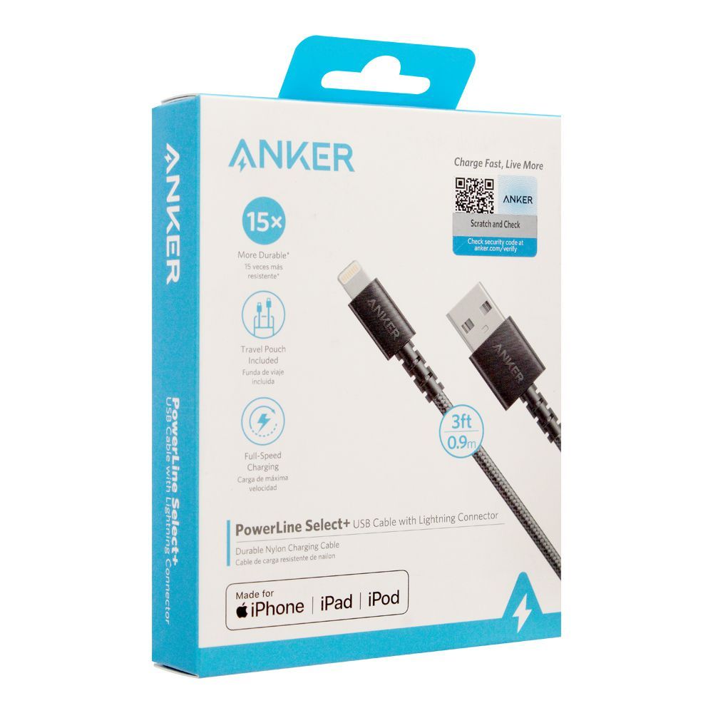 Anker Power Line Select+ USB Cable With Lightning Connector, 3ft, Black, A8012H11