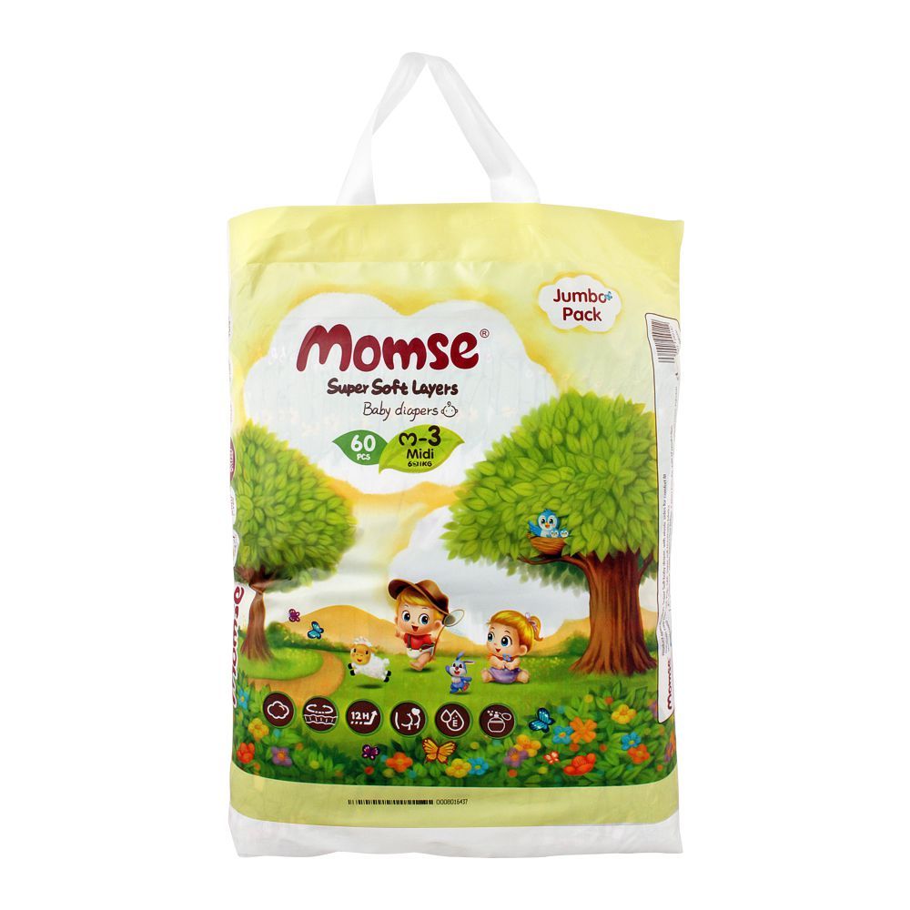 Momse Baby Diapers, M-3 Midi, 6-11 KG, 60-Pack