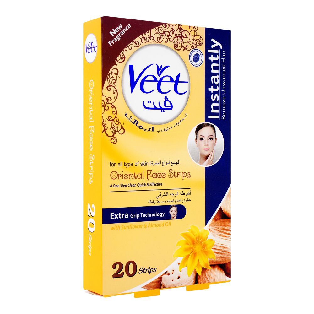 Veet Oriental Face Wax Strips, Sunflower & Almond Oil, All Skin Types, 20-Pack
